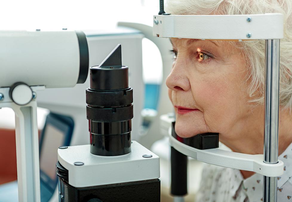 old woman verifying by apparatus